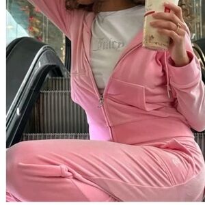 Juicy Couture Pink rose Velour Tracksuit Set Rhinestone Logo Hoodie Pants Medium